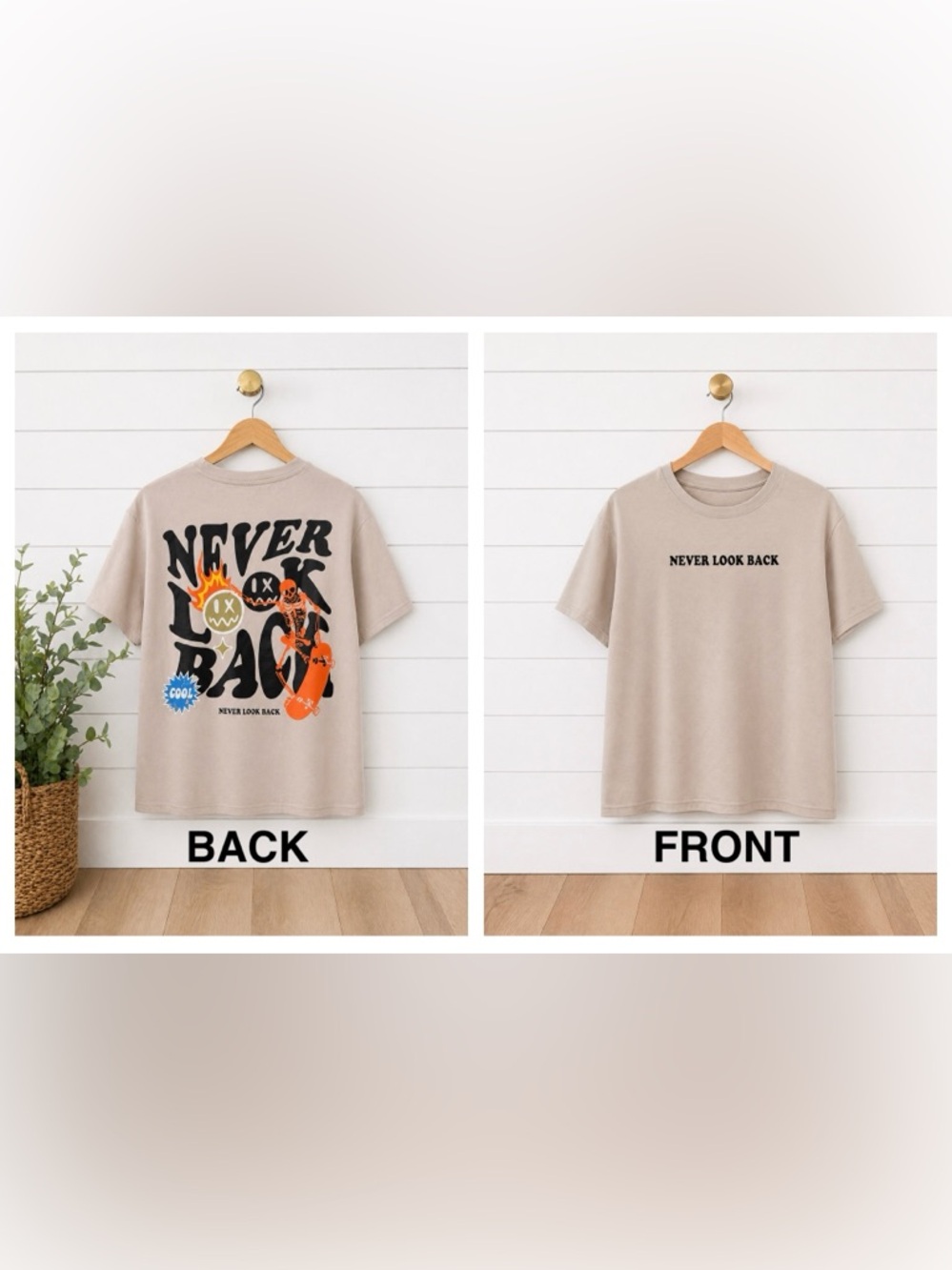 🔥UOUA “Never Look Back” Graphic Tee | Youth Small | Beige Streetwear T-Shirt